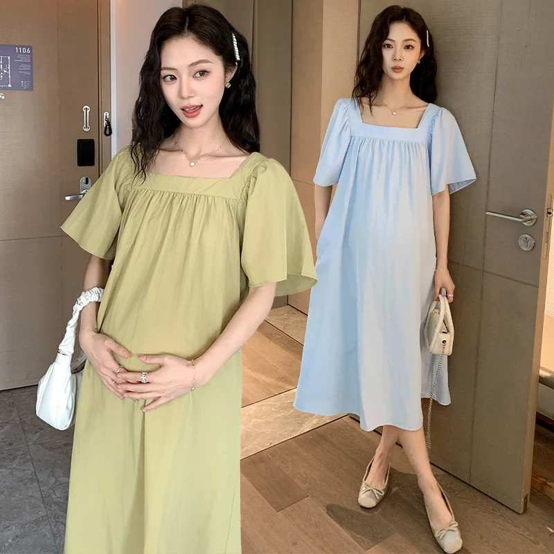 2025 Summer Maternity Chiffon Dress Short Sleeve Square Collar Pregnant Woman A-line Dress Plus Size Pregnancy Midi Dress Cute
