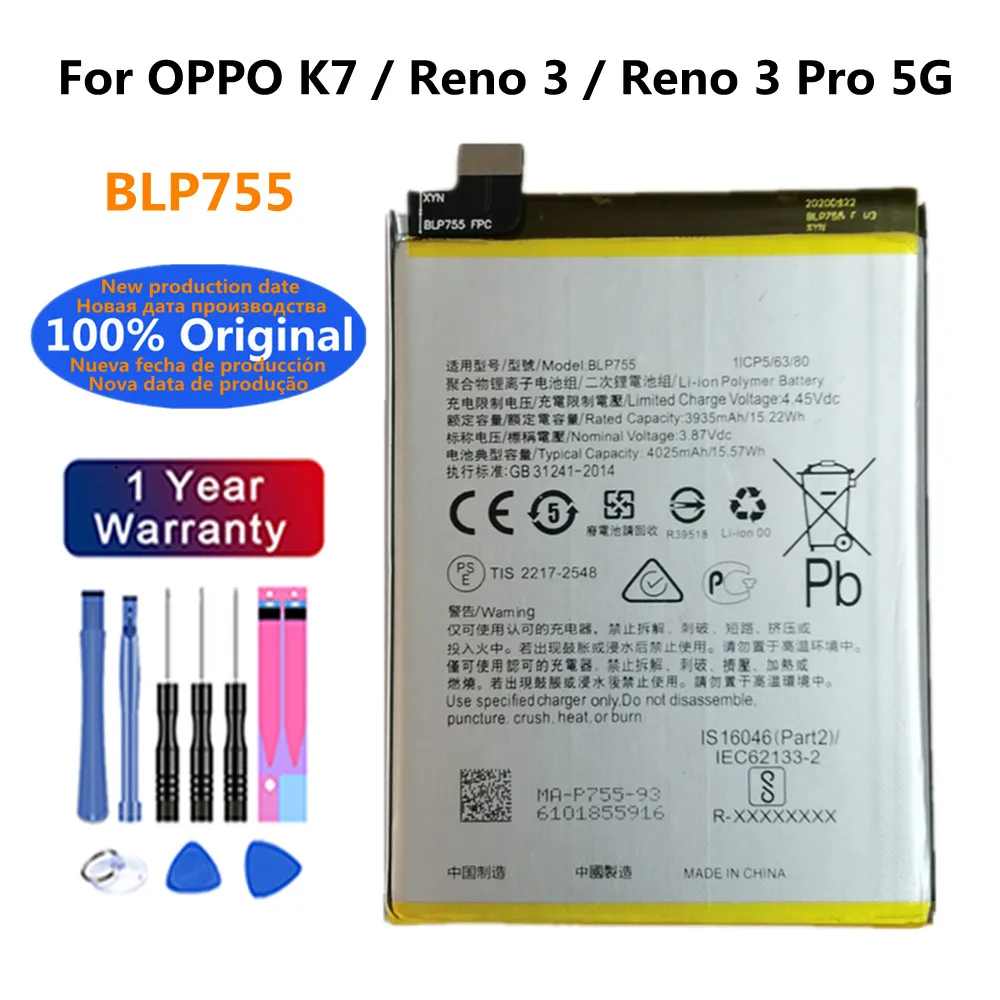 

New 100% Original 4025mAh BLP755 Battery For OPPO K7 / Reno 3 / Reno 3 Pro 5G High Quality Phone Battery Batteries Bateria+Tools