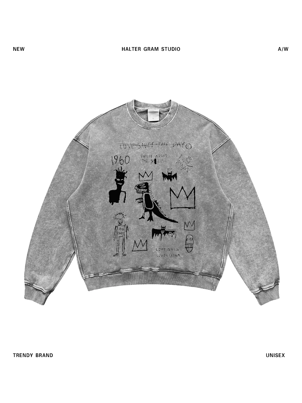 

Ретро-свитшот в американском стиле с круглым вырезом, оверсайз, уличный стиль, для мужчин и женщин, свободный крой, хлопок, длинный рукав, круглый вырез горловины.