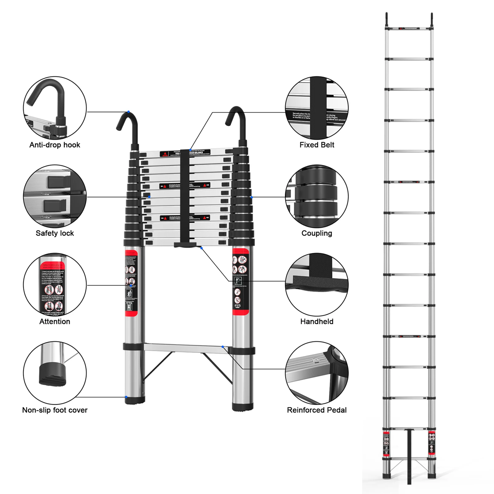 5M/16.5FT Telescopic Stainless Steel Ladder - with Detachable Hooks-EN131 Standard,for Roofing Household Use Indoor Outdoor Work