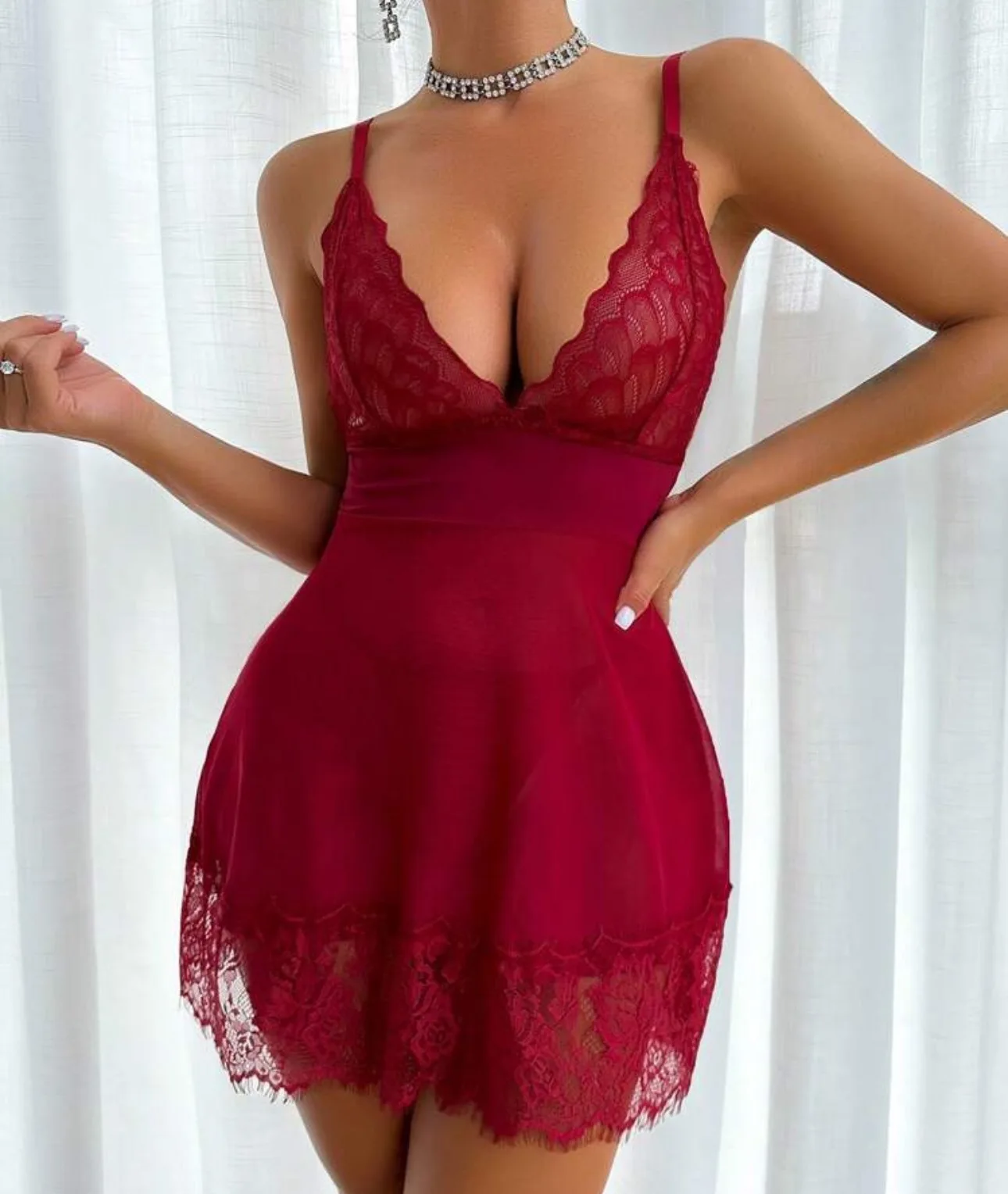 ホワイト/レッド/ブラック レース シアー ベビー ランジェリー スリップ ドレス | 3 色のオプション • ディープ V ネック • 花柄刺繍バレンタインデー ギフト Birt