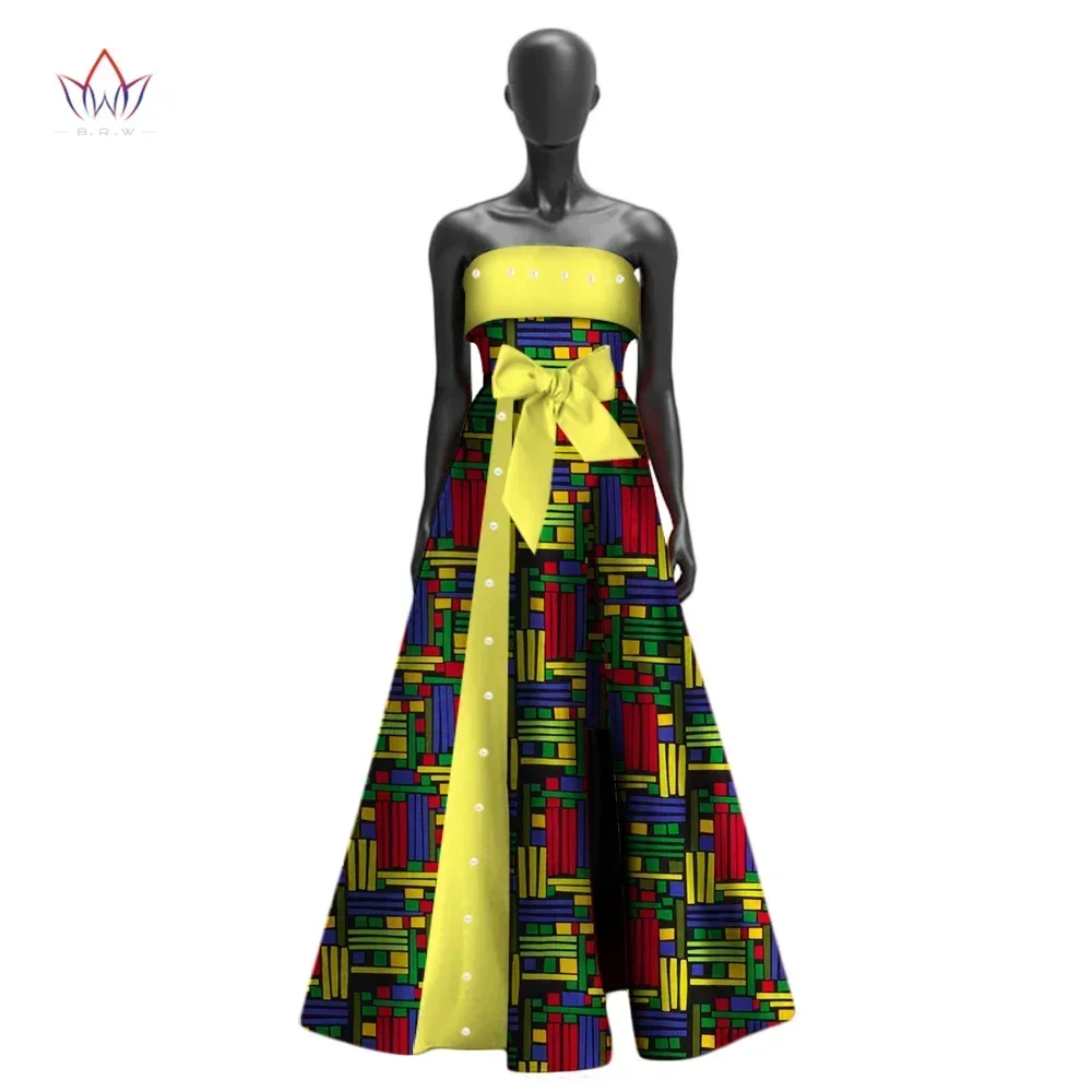 African Dresses for Women Bazin Strapless High Waist Swing Hen Long Evening Dress Traditional African Clothing Dashiki WY3017