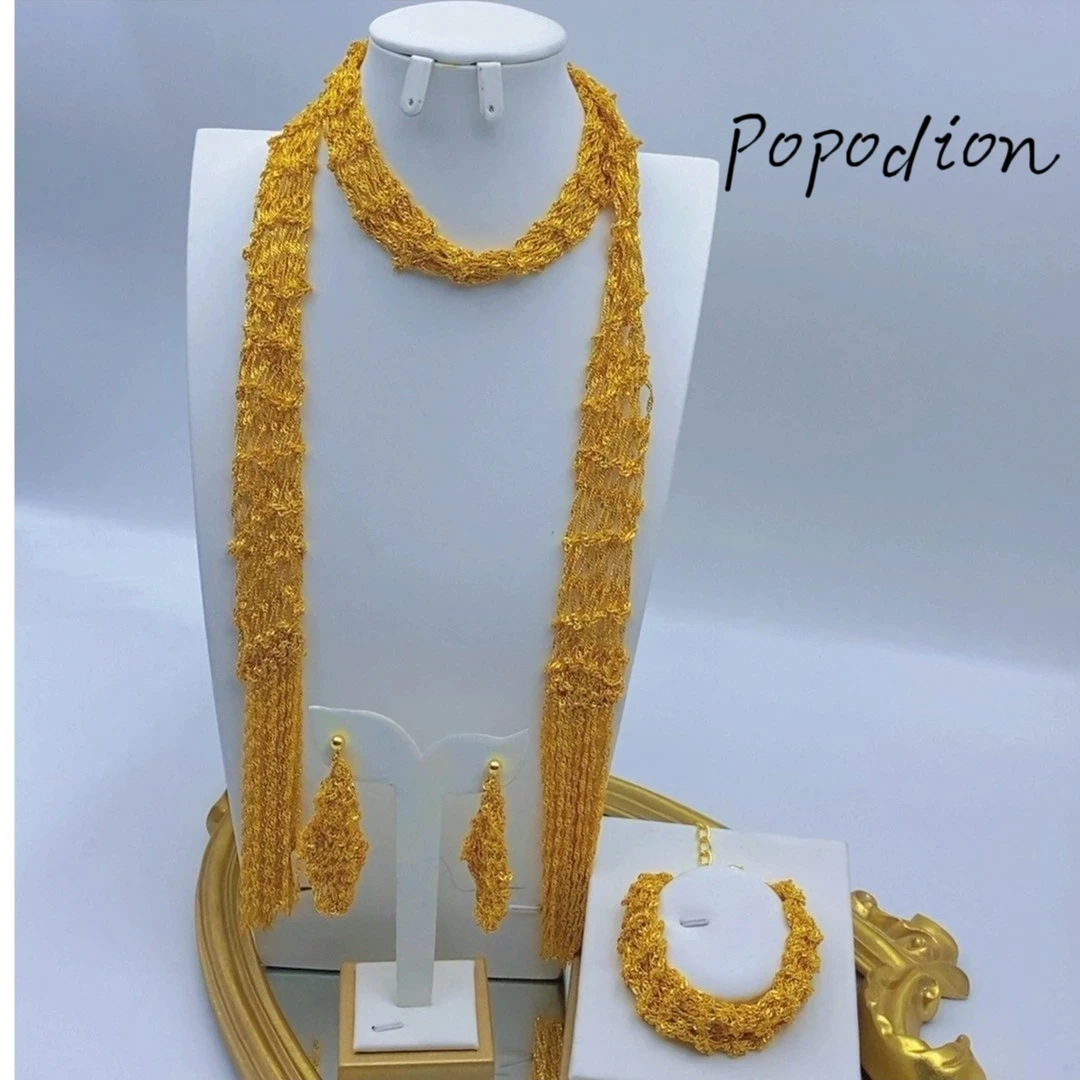 Popodion  Gift for Beautiful Women New Dubai 14K Gold Plated Tassel Necklace Ring Bracelet Fashion Three Piece Set YY10289