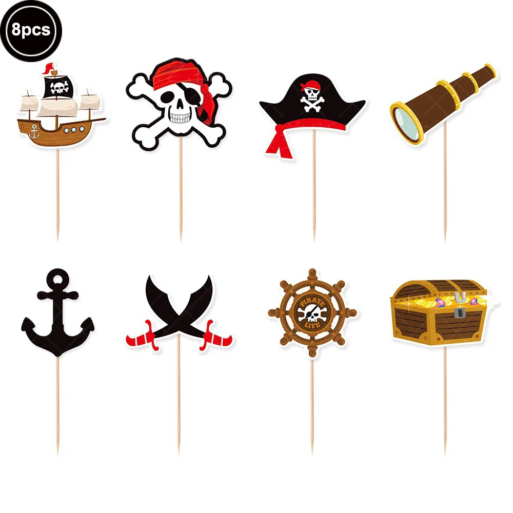 Pirate Party Birthday Cake Decor Happy Birthday Cake Topper Skull Ship Treasure Chest Cupcake Toppers Pirate Nautical Theme Deco view 3