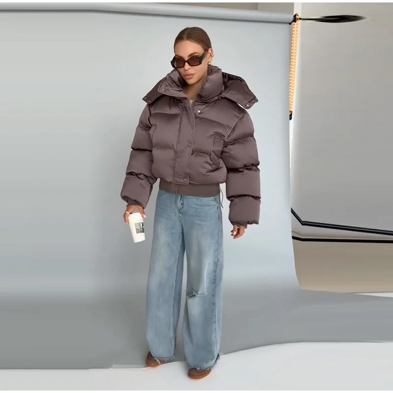 Solid Hooded Cropped Puffer Jacket Women Stand Collar Snap Button Loose Long Sleeve Jackets 2026 Winter Casual Warm Padded Coat