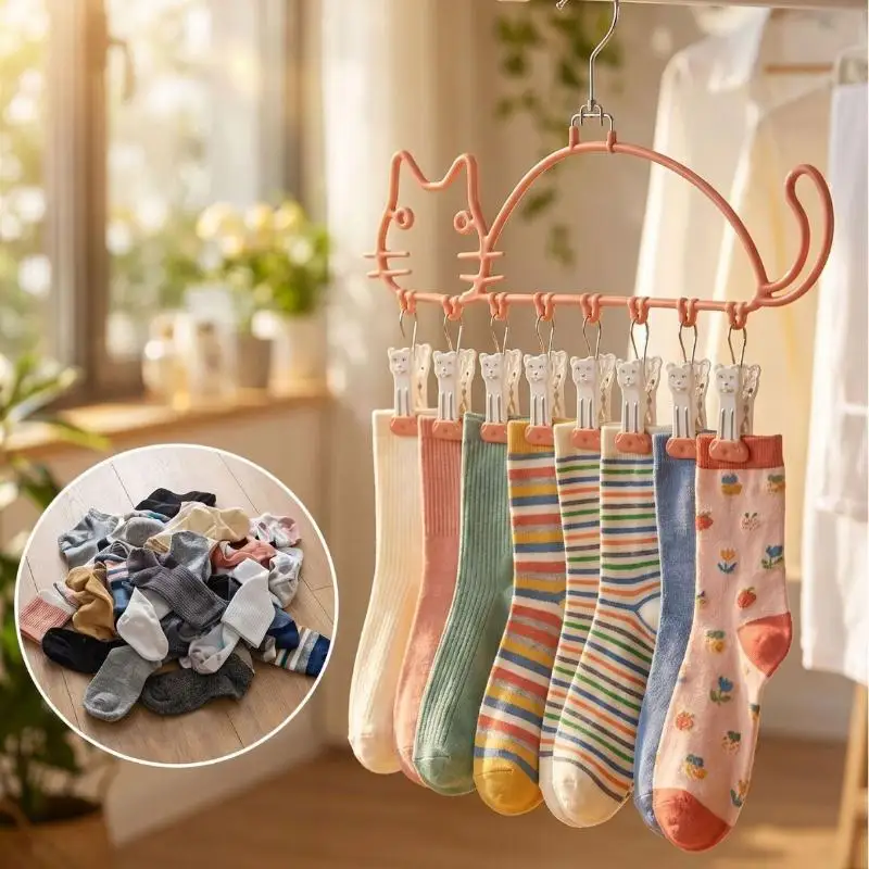 8 Clips Cat Shape Metal Drying Rack Windproof Waterproof Clothes Hanger Balcony Sock Storage Drying