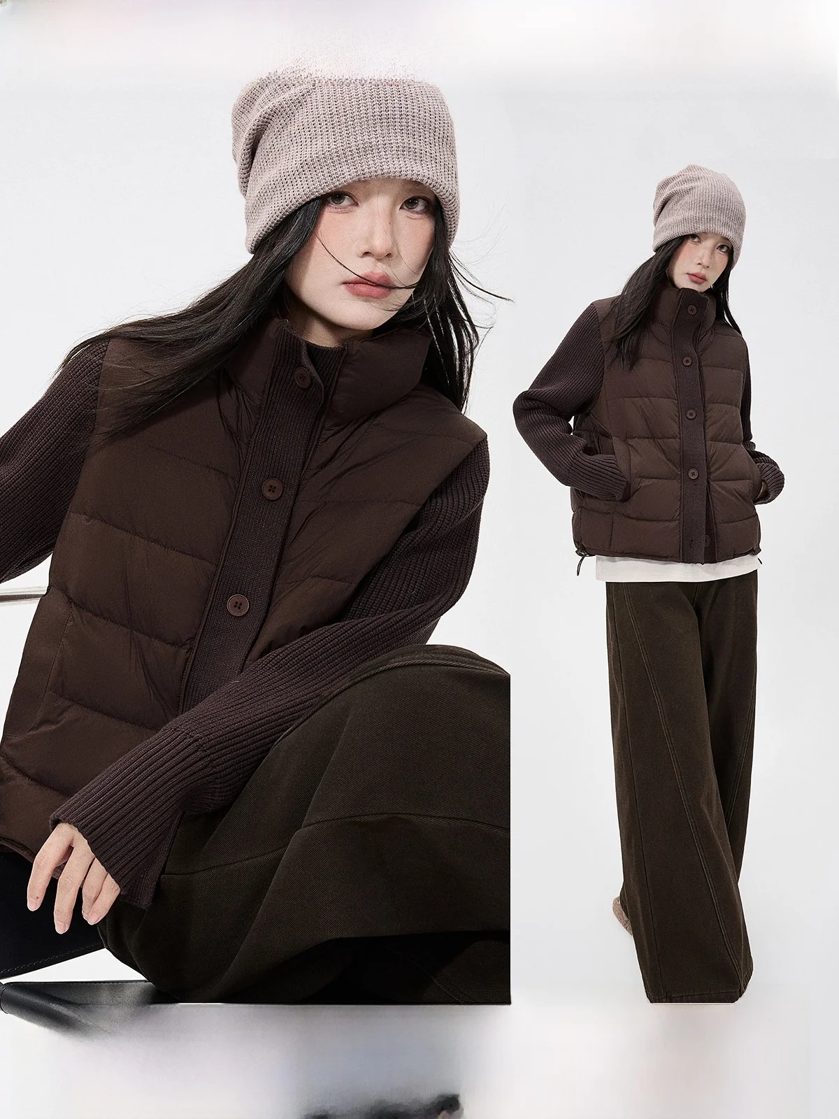 

Guier Knitted Patchwork down Jaet Women's Winter White Du Feather Warm Retro Slimming Outerwear Casual Sle Long Sve