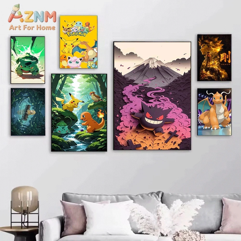 Anime Kirby Van Gogh Starry Night Canvas Wall Art, Cute Pink Cartoon Character Frameless Canvas Painting for Kids Bedroom Livi