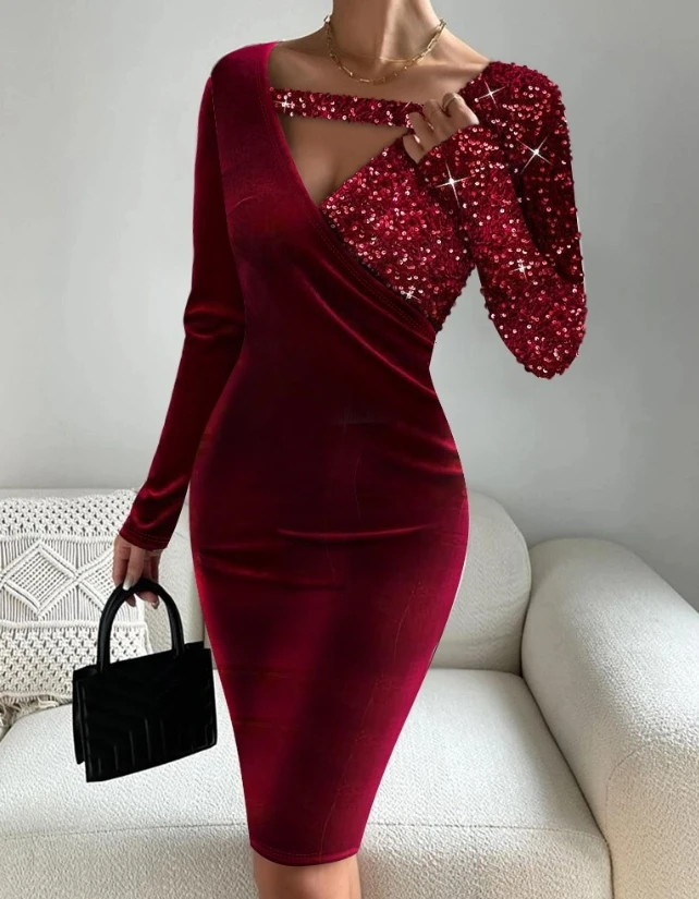 Elegante Party kleider für Frauen Herbst neue sexy V-Ausschnitt enge Passform Kontrast Pailletten Samt Patchwork Langarm Kleid