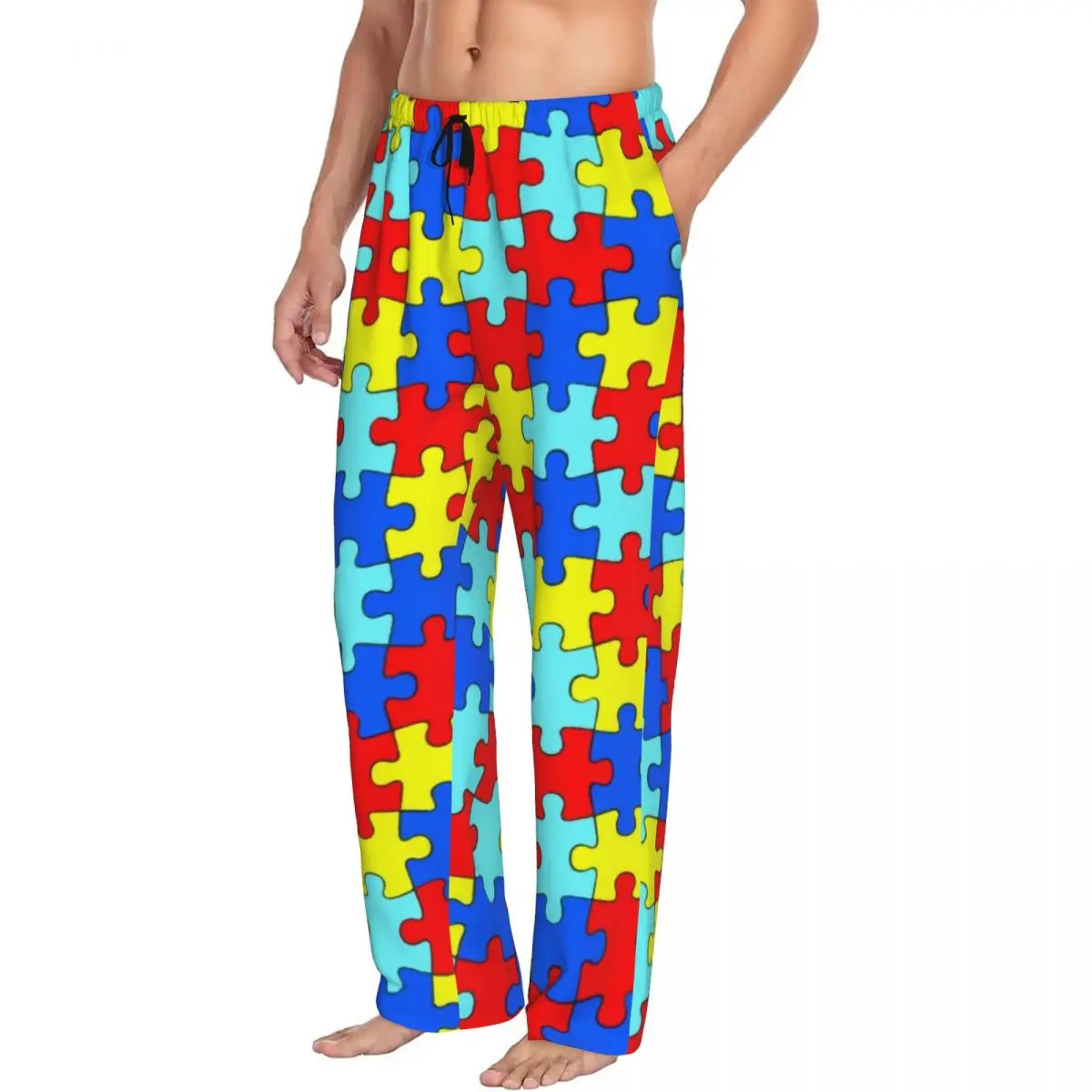 Custom Printed Colorful Puzzle Pattern Autism Awareness Pajama Pants for Men Sleep Sleepwear Bottoms with Pockets