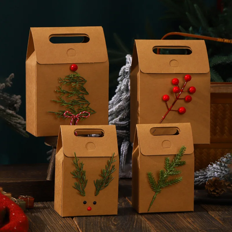 크리스마스 선물 크라프트 종이 가방, 갈색, 20.00x14.00x8.00 cm, 투명 창, 크라프트 종이, 1개, 만화 핸드백, 간식