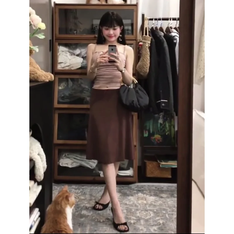 

Ретро-юбка женская кофейного цвета средней длины, приталенная, А-силуэт, повседневный стиль, из полиэстера, с завышенной талией