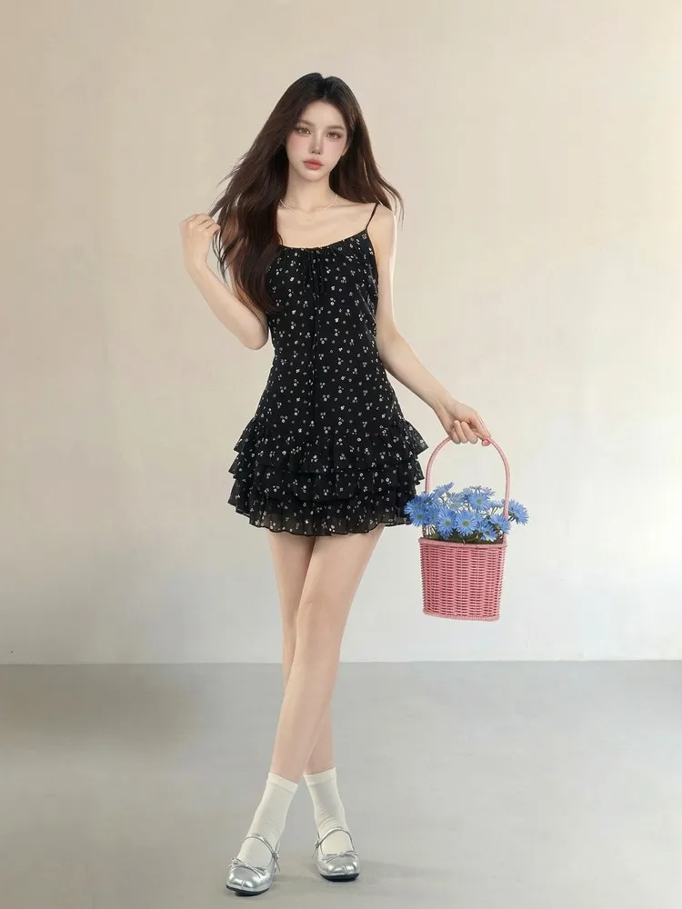 

Elegant Black Floral Print Dress Women's High Waist Cake Skirt Style Summer Casual Wear Comfortable Fit A-Line Dress