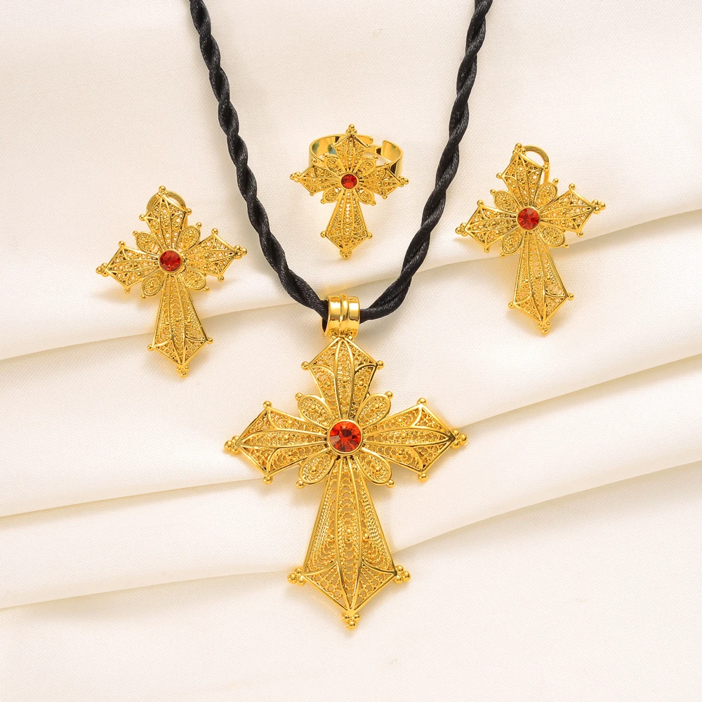 Ethiopian Red Rhinestone Cross Jewelry Set Gold Color Necklace/Earrings/Ring Habesha Africa Wedding Gifts