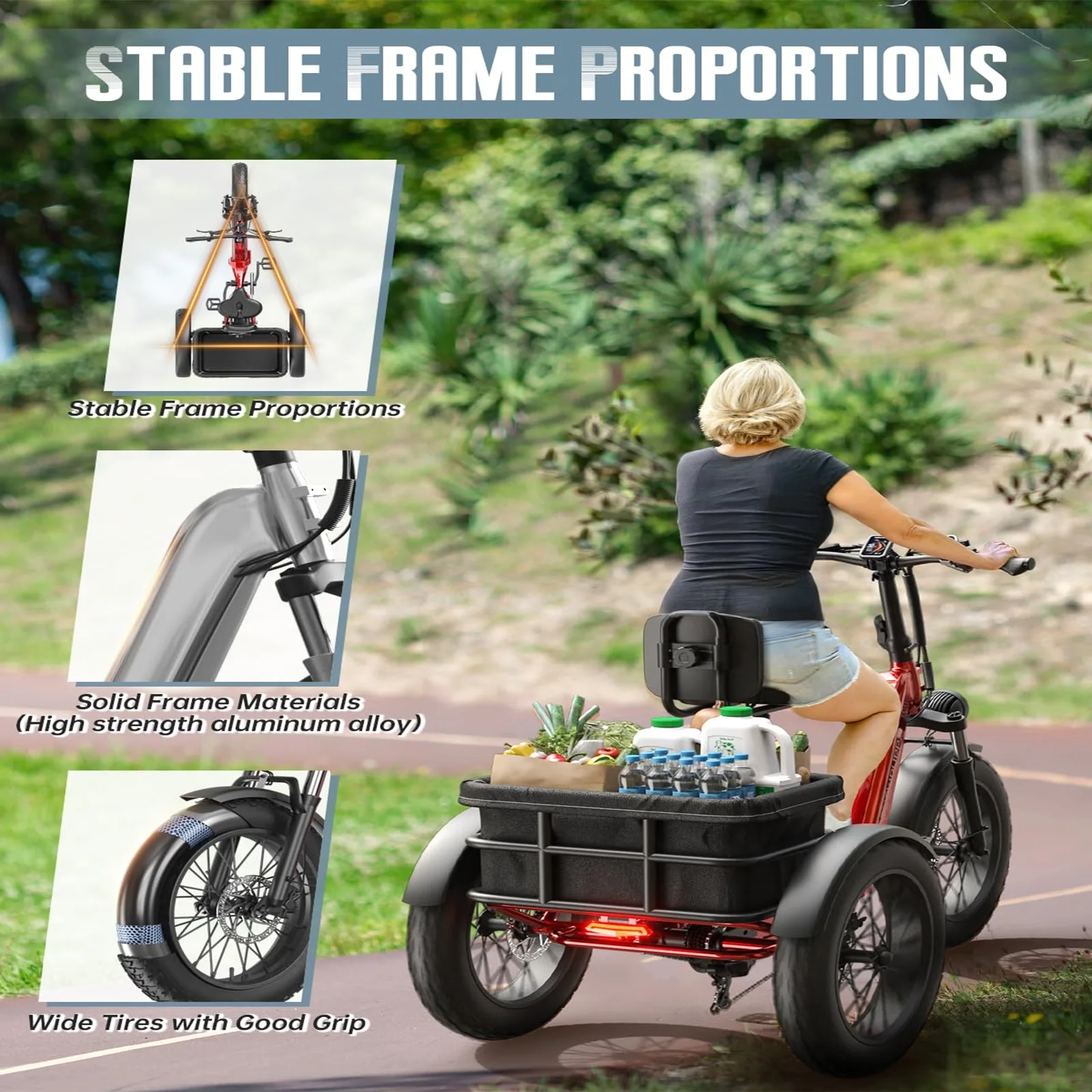 성인용 PUCKIPUPPY 전기 삼륜차, 주행거리 110마일, 48V/15&17.4Ah 탈착식 배터리, 500파운드 적재 가능, 20인치 광폭 타이어 전기 삼륜차