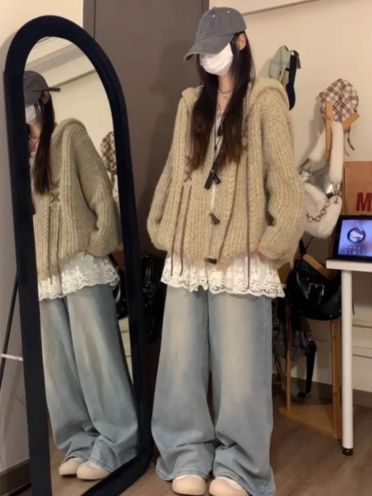 サブカルチャー ヴィンテージ フード付きカーディガン ストリートウェア レディース カジュアル ルーズトップス 2025 秋 ハラジュク グランジ セーター 2000年代 ハラジュク コート