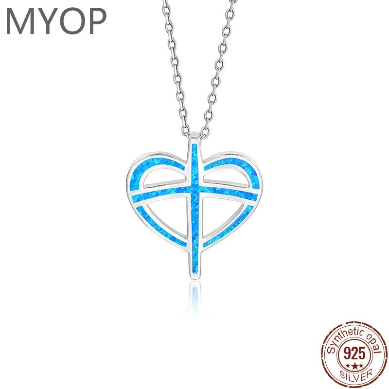 MYOP 925 Silver Gift Faux Blue OPAL Geometric Personality Pendant 40+5cm Cross Necklace, A Must-Have For Private Soft Metal