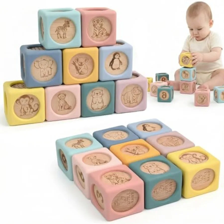 

9 Pcs Baby Silicone and Wooden Stacking Blocks, Food-Grade Silicone Baby Toy with Natural Wood Inserts, Soft Chewable Montessor