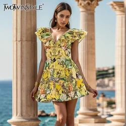 TWOTWINSTYLE Colorblock Print Mini Dress For Women V Neck Sleeveless High Waist Slim Spliced Folds Dress Female Summer KDR510491