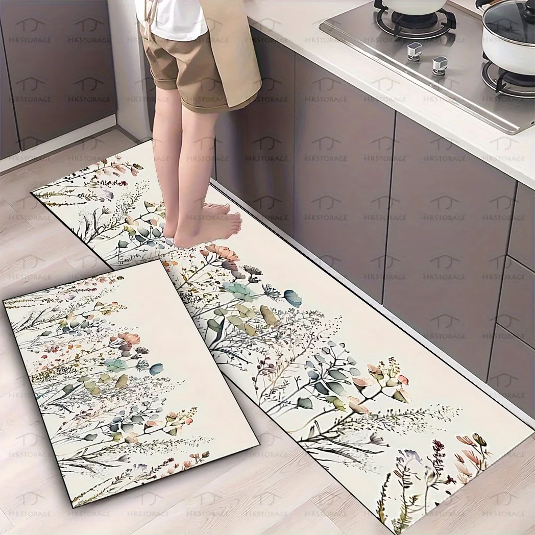 Rustikaler Blumen-Küchenläufer, rutschfeste Bodenmatte, moderner botanischer Eukalyptus-Druck, waschbarer Flur-Teppich, Dekoration