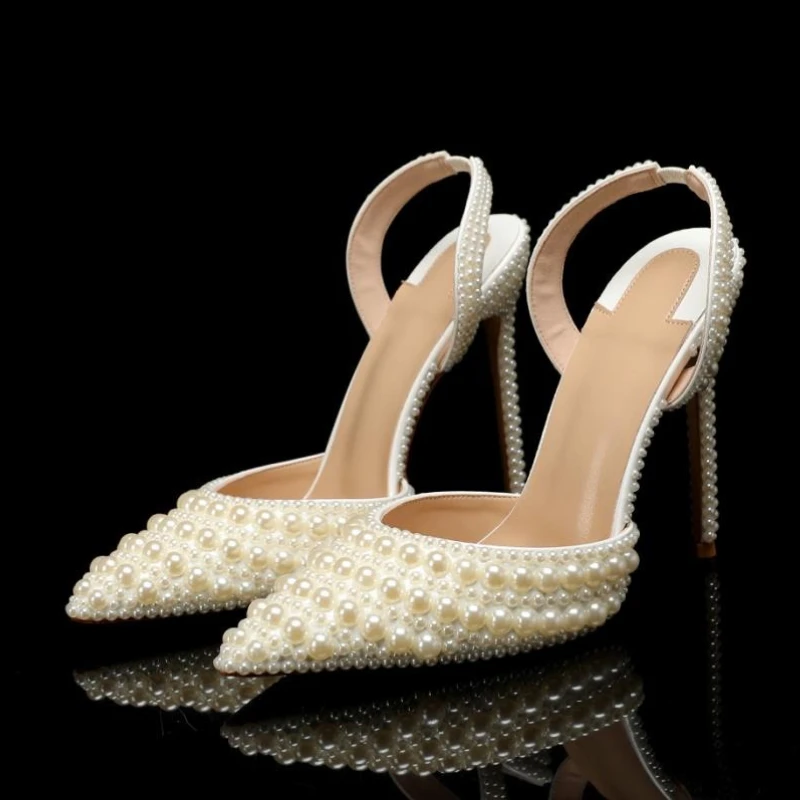 

2025 Luxury Handmade Full Pearls Wedding Women Pumps Elegant Pointed toe Slingbacks high heels Fashion Summer Party Bridal Shoes