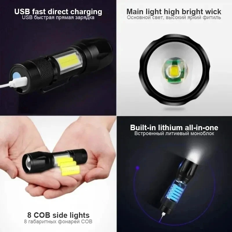 USB Rechargeable Mini Flashlight COB+XPE Portable Built-in Battery Zoomable Small Torch 3 Mode Camping Emergency Flashlights