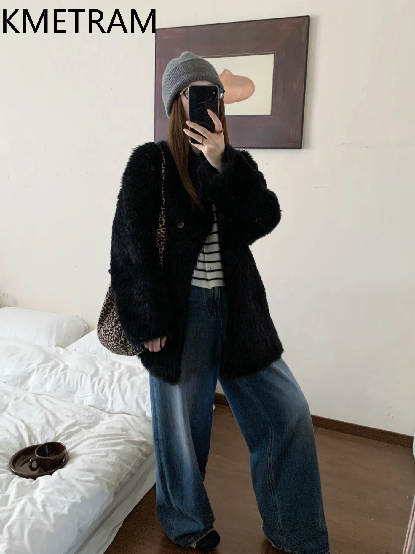 KMETRAM Real Sheepskin with Wool Attached Jacket Women Black Reversible Fur Coat 2025 New in Coats Winter Woman Clothing шуба