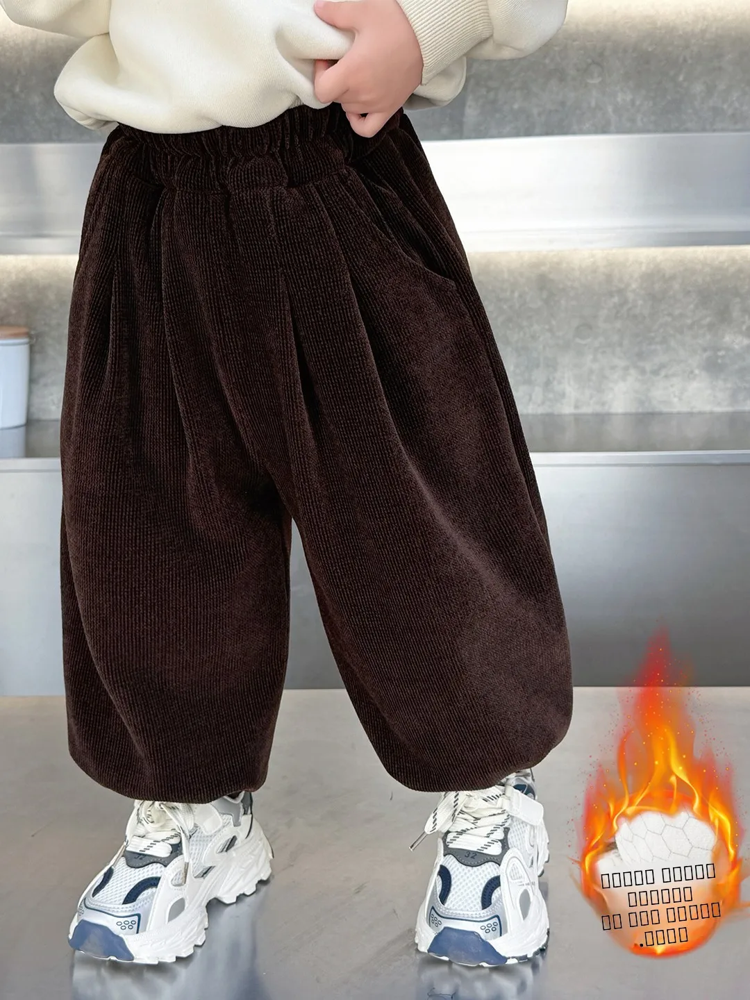 

Boys Fce Lined Corduroy Casual Pants Autumn Winter Warm Trousers Loose Fit Elastic Waist Lantern Leggings Children's Faion