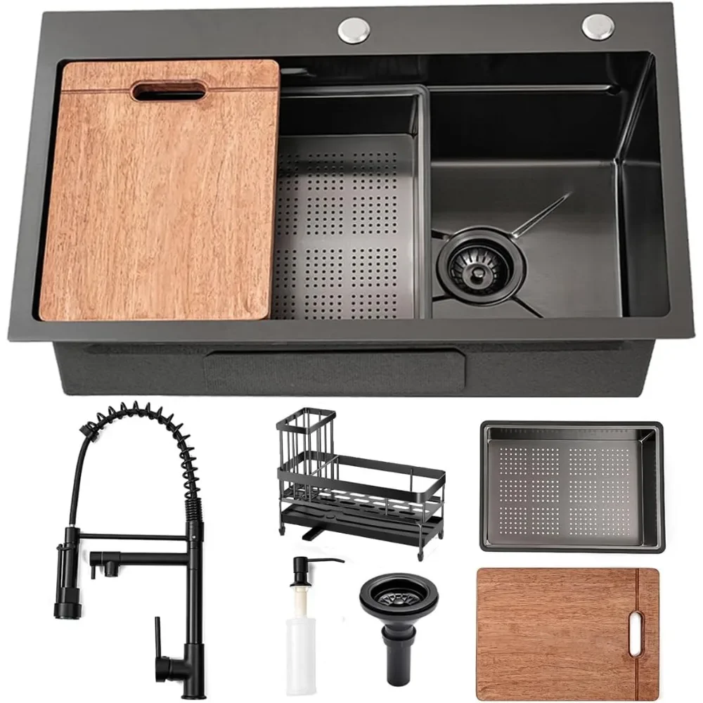 

Black Kitchen Sink 30 Inch Modern Stainless Steel Drop in Sink Workstation Scratch Resistant Single Bowl Kitchen Sinks