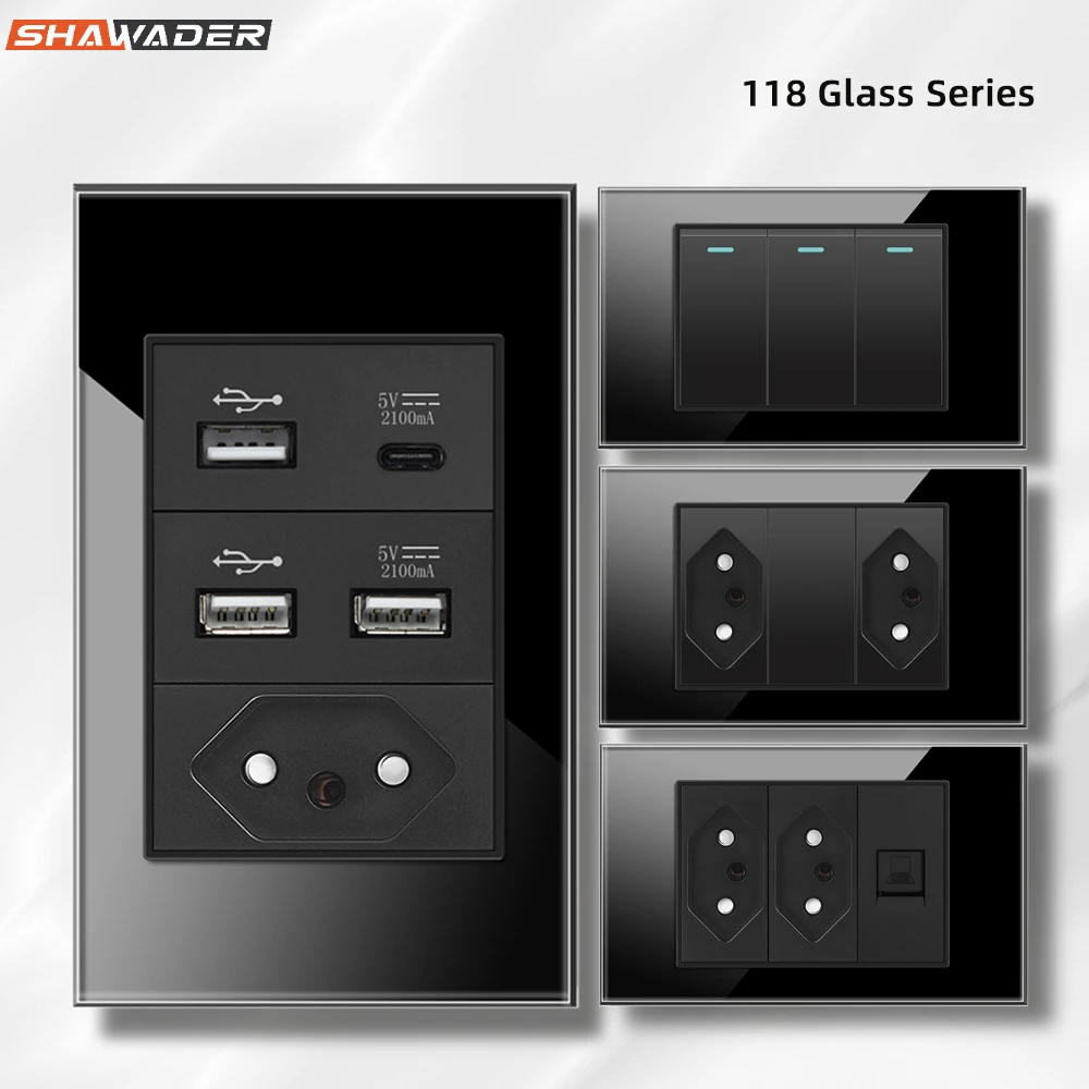 20a Brasilien Elektro stecker Power Wall USB-Steckdosen Drucksc halter Glasscheibe 118 Retangle drei