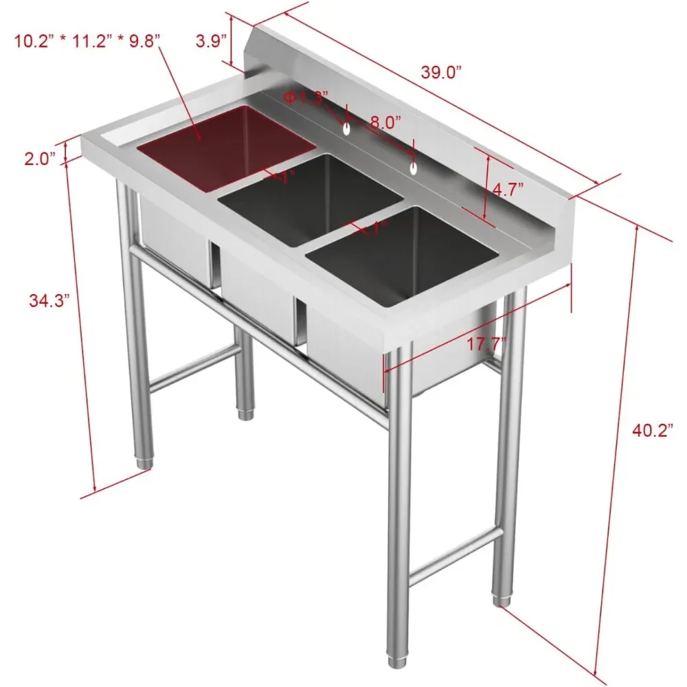 3-Compartment 304 Stainless Steel Utility Sink Commercial Grade Laundry Tub Culinary Sink for Outdoor Indoor