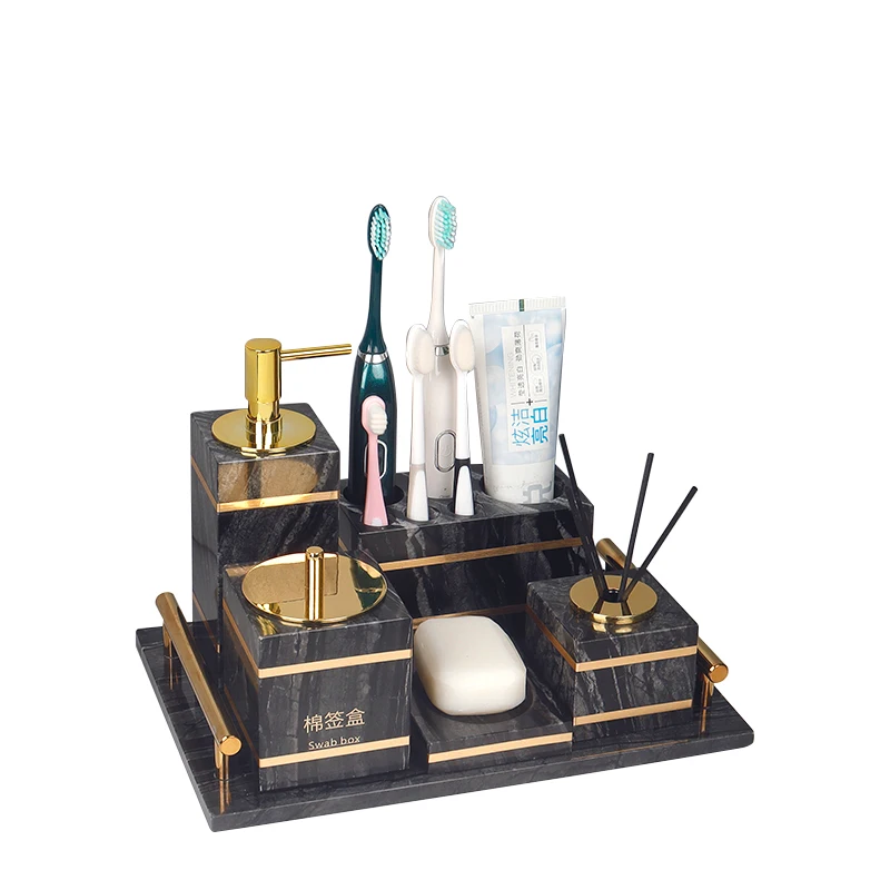 Tree Black Natural Marble Kit Bathroom Gold Luxury Soap Dispenser Cotton Swabs Container Soap Dish Bathroom Accessories Sets