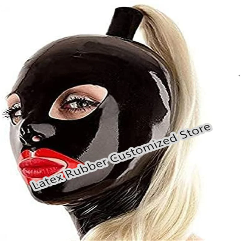 Womens Lingerie Latex Hood Rubber Mask with Ponytail Wig Black with Red Trim Back Zip for Party Night Club Cosplay Costumes