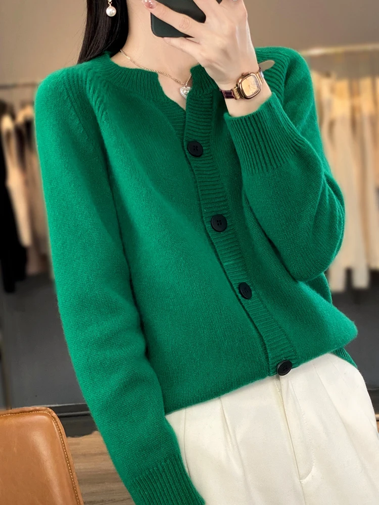 New Women V-Neck 100% Merino Wool Cardigan Preppy Style Cashmere Sweater Spring Autumn Buttoned Knitwear Long Sleeve Korean Tops