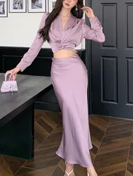 Korean Solid Two-Pieces Set for Women Elegant V-Neck Long Sleeve Pleated Shirt Tops High Waist Slim A-Line Mermaid Skirt Suits