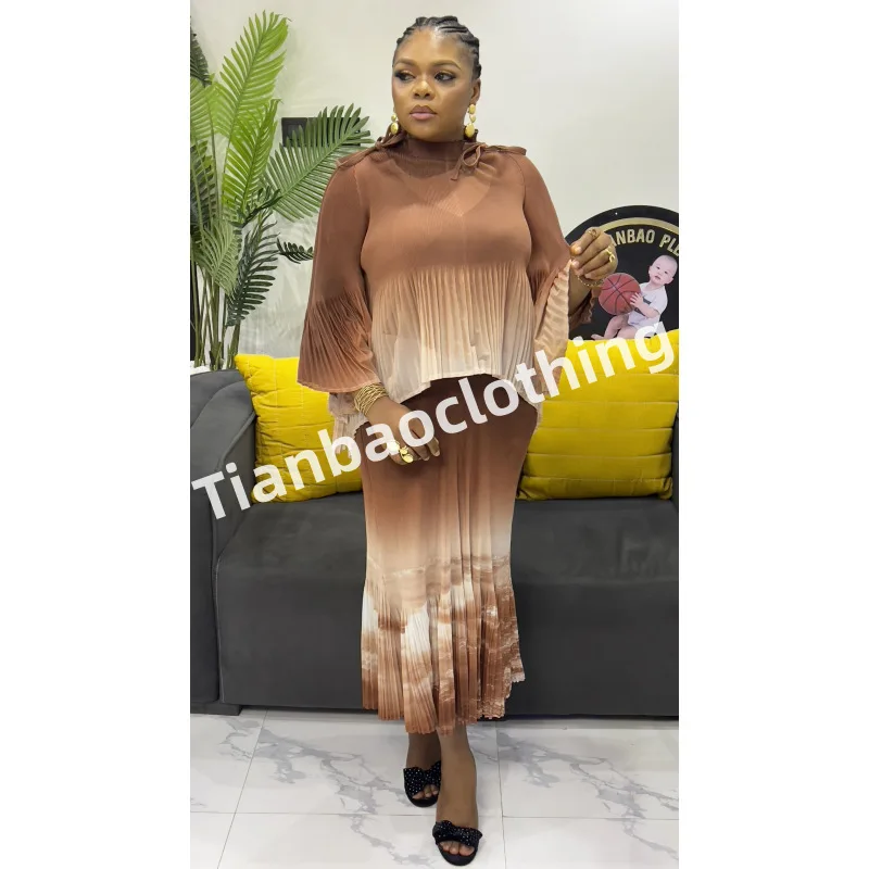 

Printed Gradient Colour Round Neck Long Sleeve Top High Waist Pleated Half-body Skirt Two-piece Miyake 2025 Summer Women's Suit