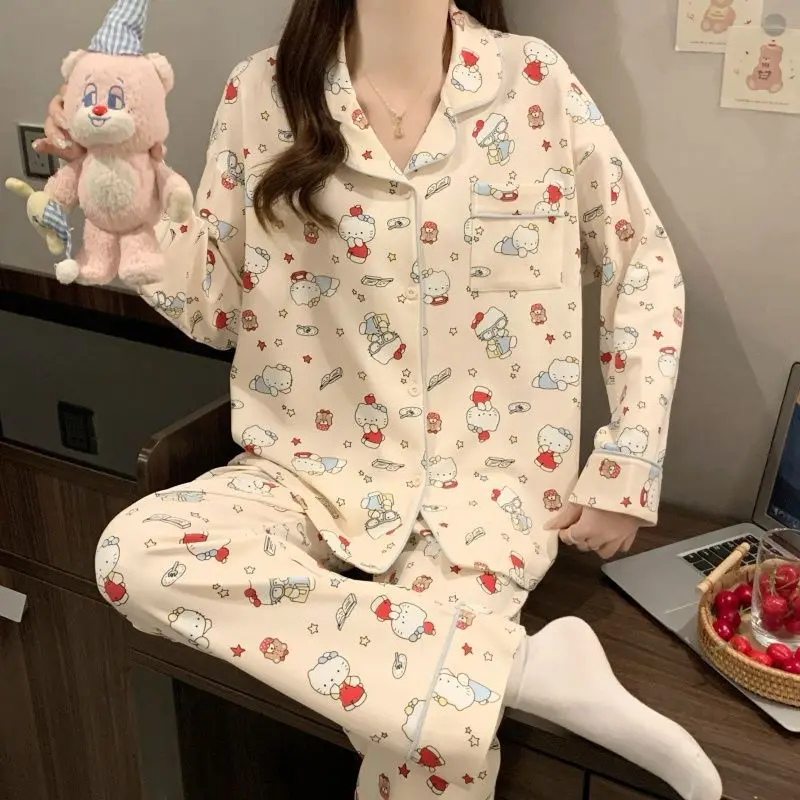 

Sanrio Hello Kitty Cotton Sleepwear Lady Nightwear Pant Long Sleeve Pajama Spring Pijama Cartoon Negligee Anime Pyjama Home Suit