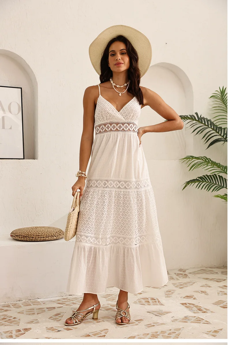 Boho vintage estilo francês vestido de tiras branco verão vocação mulheres rendas crochê oco para fora sexy senhoras em camadas vestidos novo