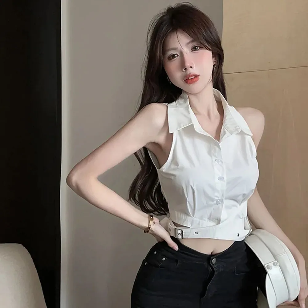 Hot Girl Slim Shirt Tank Top Women Korean Sweet Summer New Tops French Unique Sleeveless Short Vest Shirt Ladies White Blouse