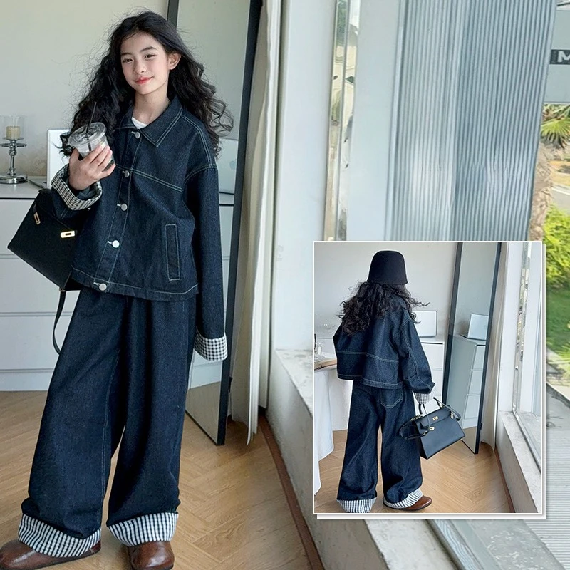 

autumn teen girls blue cowboy clothes set Plaid Splicing denim jacket+wide-leg pants 2pcs junior kids suit child outfits 4-14