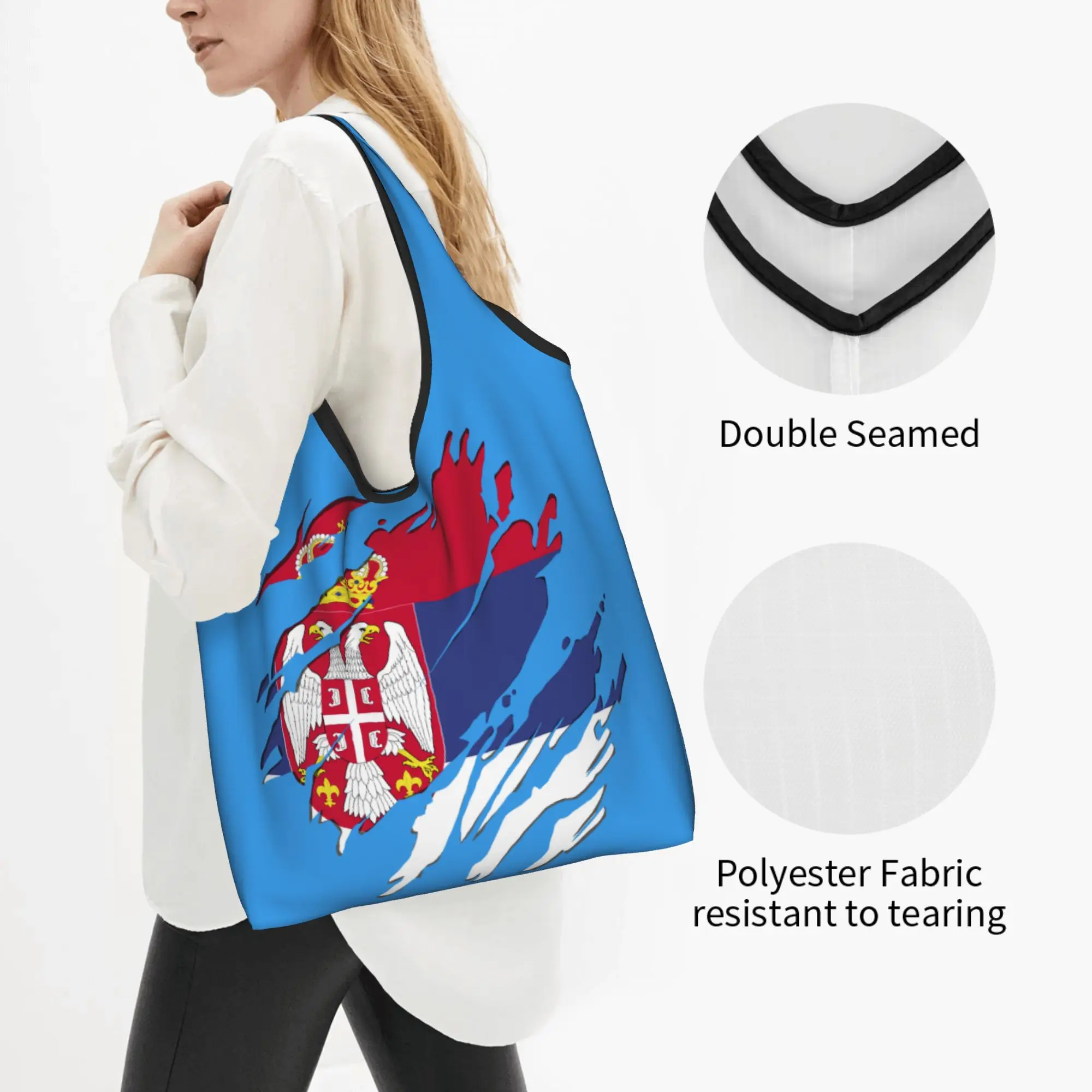 Serbia Flag Scratch Groceries Shopping Bag Custom Shopper Shoulder Tote Bags Big Capacity Portable Serbian Proud Handbag