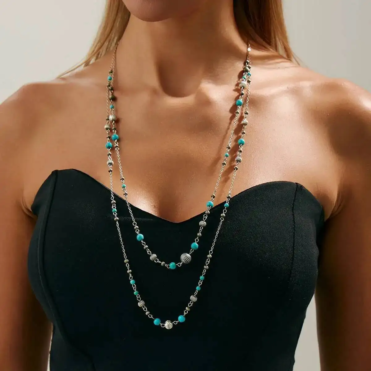 

IngeSight.Z 2Pcs/Set Vintage Ethnic Beaded Chain Long Necklace for Women Imitation Pearl Stacked Sweater Chain Party Jewelry