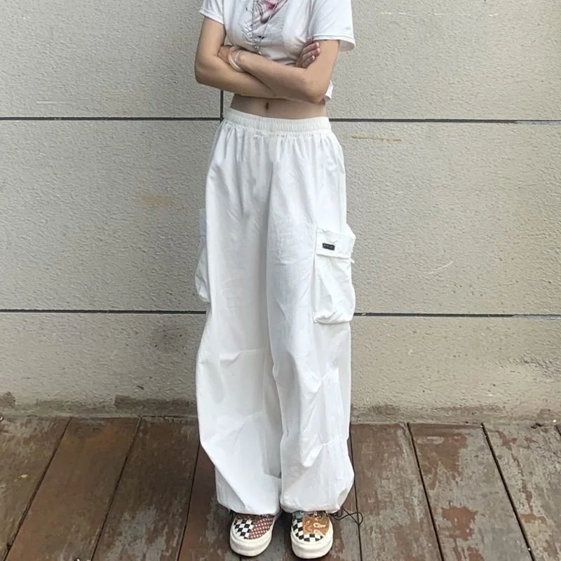 Pantalon Cargo pour femmes, Harajuku, taille haute, Streetwear, Baggy, blanc, noir, mode coréenne, poches décontractées, jogging