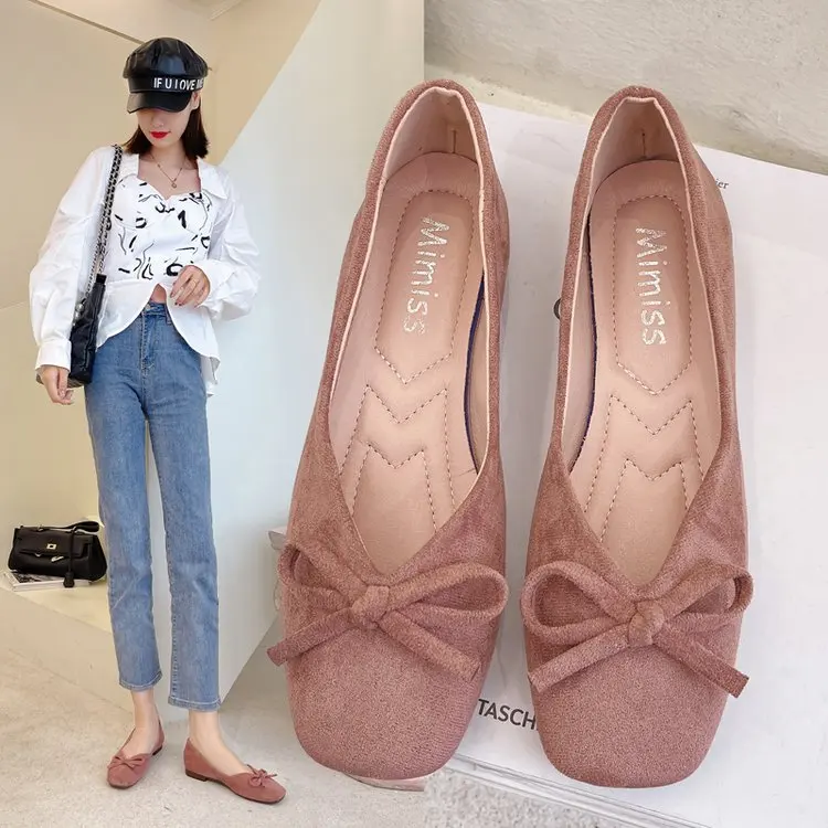 Women Flats Slip on Flat Shoes Round Toe Shallow Butterfly-knot Ballerina Slip on Loafers Faux Suede Lady Ballet Plus Size 35-40