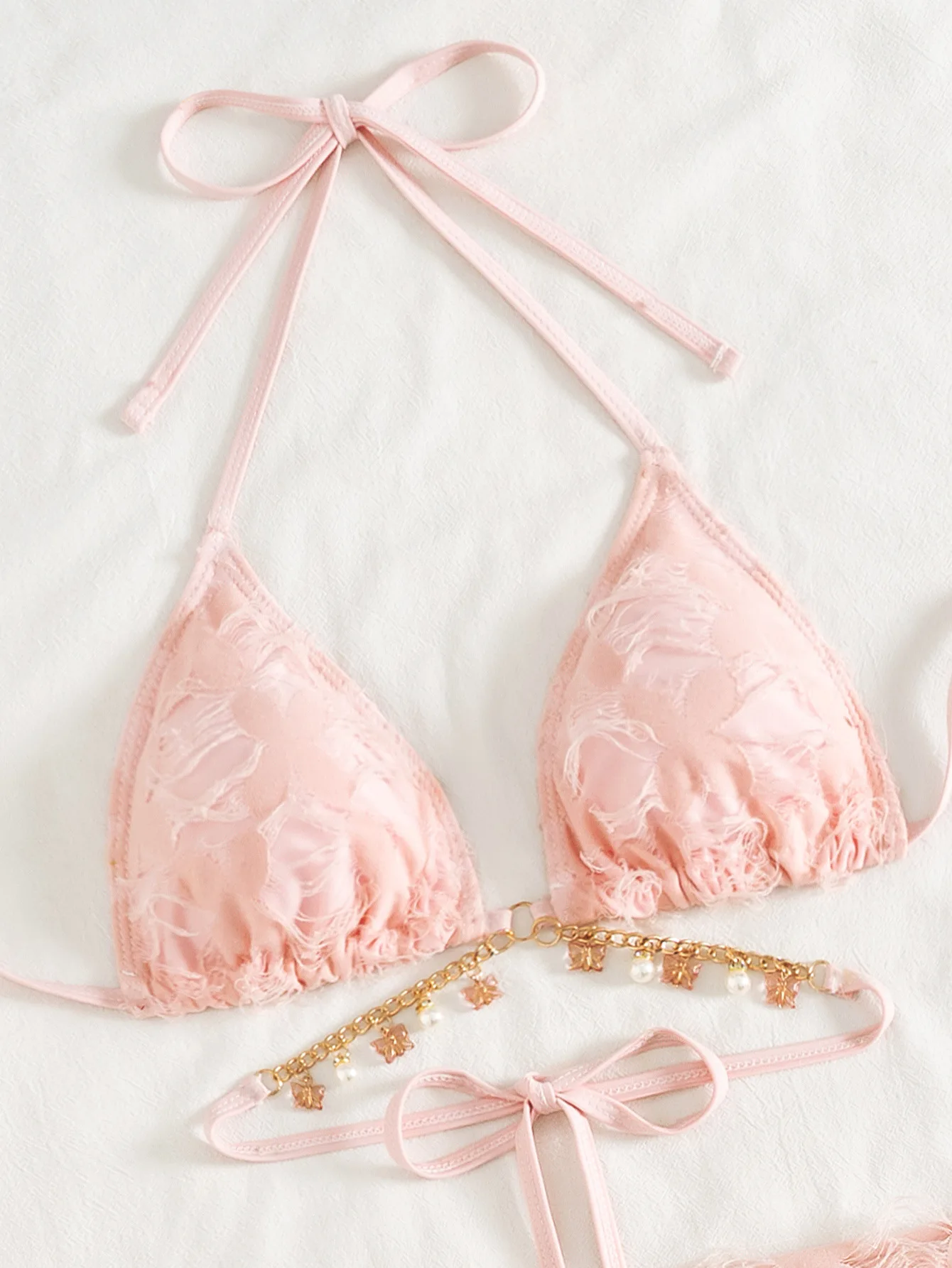 2025 Sexy Damen-Bikini-Set mit Kettenriemen, schlankmachend, kleine Brust, gerafft, Strandurlaub, dreiteilige, separate Pure Desire-Badebekleidung