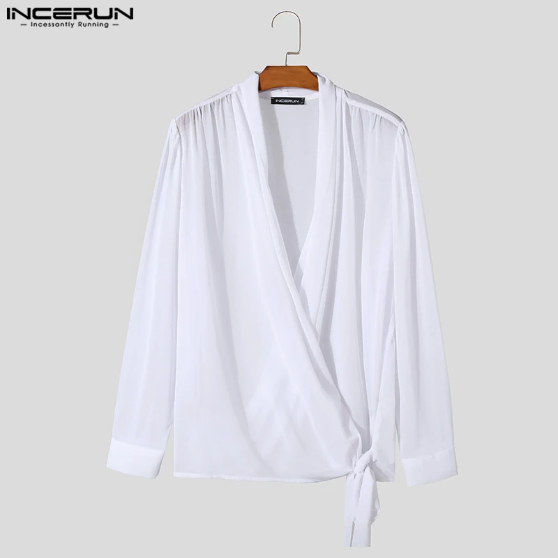 INCERUN Tops 2024 Mens Spring Summer Tie Up Chiffon Slightly Transparent Shirts Casual Streetwear Thin Long Sleeved Blouse S-5XL