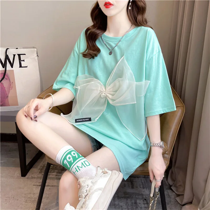 New Hot Style Design Big Bow Mid-Length Women\'s T-Shirt Korean Fashion Short-Sleeved Tops 2023 100% Cotton