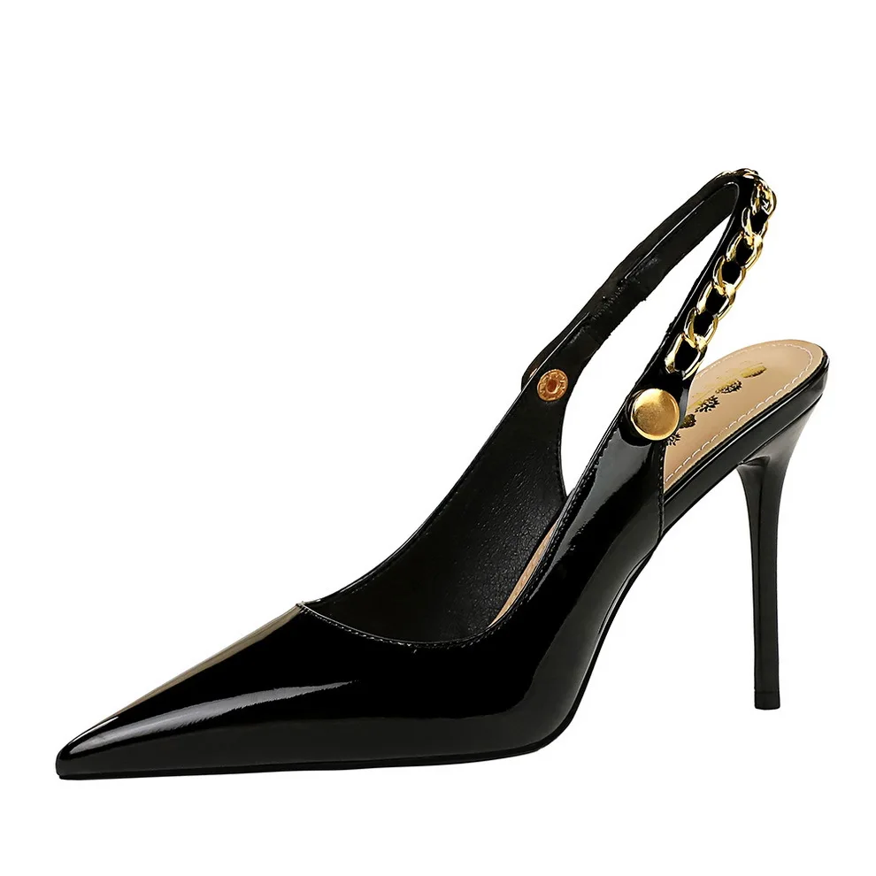 

Ladies' banquet high-heeled shoes with pointed hollow metal chains and rear straps, women's shoes