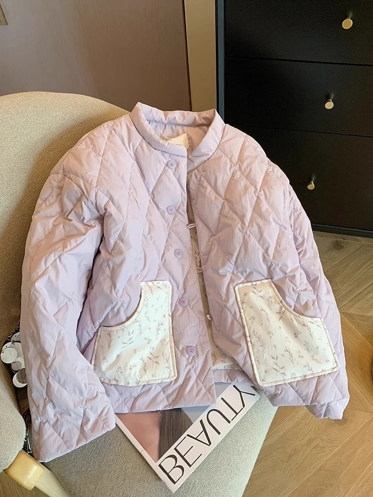 

Sweet Floral Loose Fit Cotton Jaet with Stand Collar for Men And Women Warmth Casual Sle Korean Faion Youth Trend