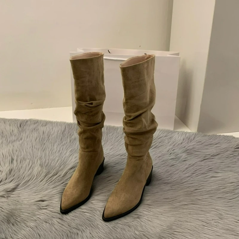 Women Boots Pleated Suede Long Boots Fashion Outdoor Knight Boots Retro Slip-on Women Shoe Pointed Toe High Heeled Mid-Calf Boot